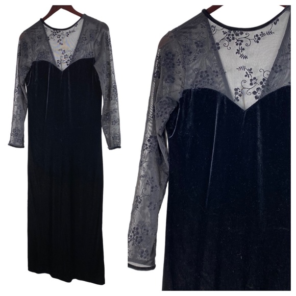 Vtg 90s Y2K Kathie Lee Dress 10 Medium Black Velvet Velour Lace Evening Party - Picture 1 of 3